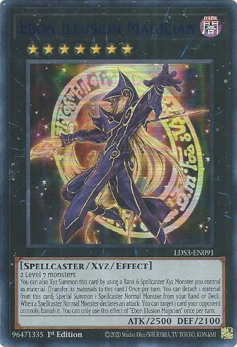 An Ultra Rare Blue "Ebon Illusion Magician" card from the Yugioh Set: Legendary Duelists: Season 3 (LDS3).