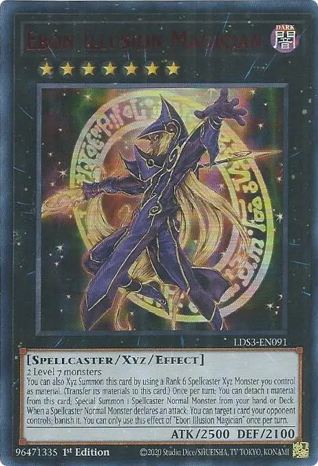 An Ultra Rare Red "Ebon Illusion Magician" card from the Yugioh Set: Legendary Duelists: Season 3 (LDS3).