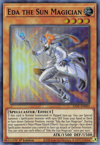  A Super Rare "Eda the Sun Magician" card from the Yugioh Set: Lightning Overdrive (LIOV).