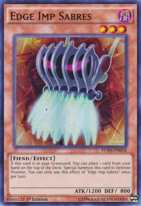 A Super Rare "Edge-Imp Sabres" card from the Yugioh Set: Fusion Enforcers (FUEN).