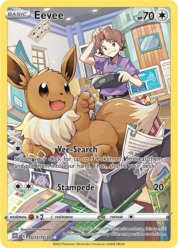 A Secret Rare "Eevee" (TG11/TG30) card from the Pokemon Set: Brilliant Stars.