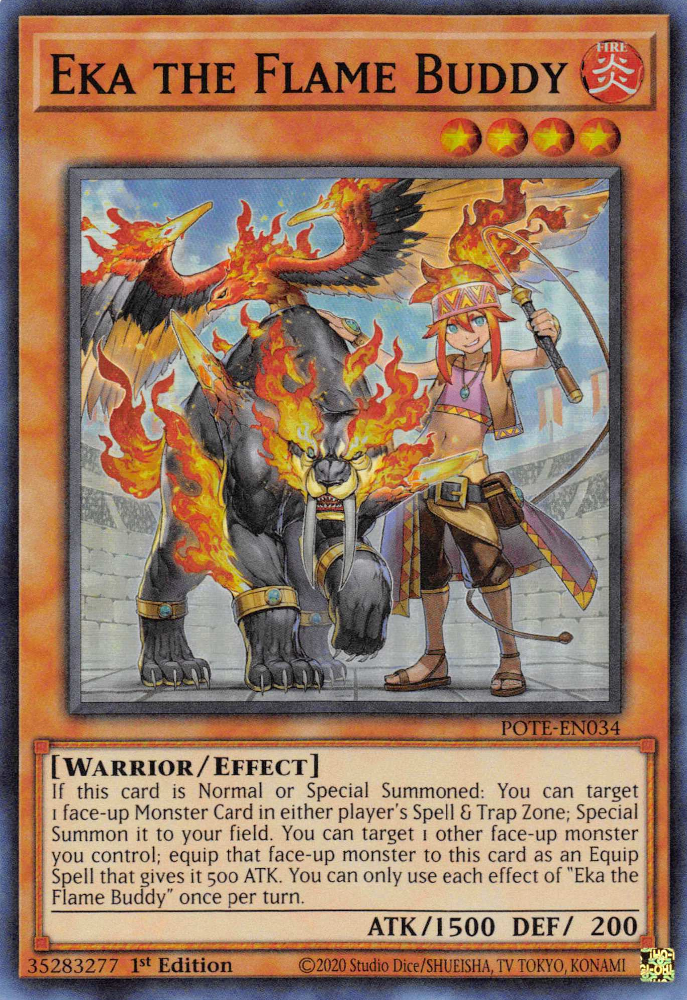 A Super Rare "Eka the Flame Buddy" card from the Yugioh Set: Power of the Elements (POTE).