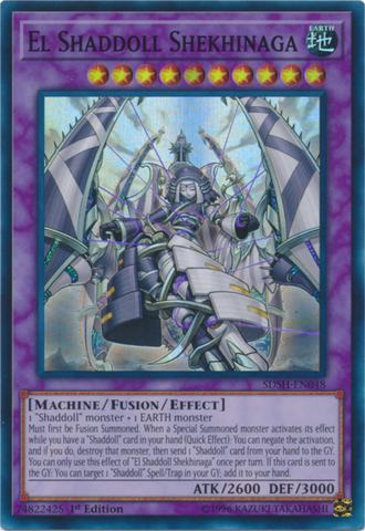 A Super Rare "El Shaddoll Shekhinaga" card from the Yugioh Structure Deck: Shaddoll Showdown.