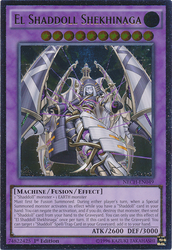An Ultimate Rare "El Shaddoll Shekhinaga" card from the Yugioh Set: The New Challengers (NECH).
