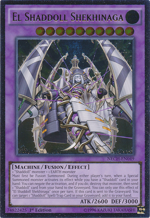 An Ultimate Rare "El Shaddoll Shekhinaga" card from the Yugioh Set: The New Challengers (NECH).