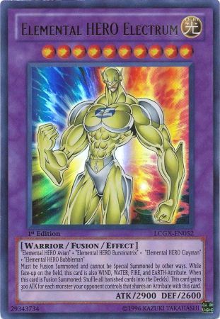 An Ultra Rare "Elemental Hero Electrum" card from the Yugioh Set: Legendary Collection 2 (LCGX).