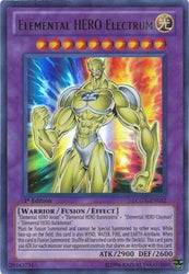 An Ultra Rare "Elemental Hero Electrum" card from the Yugioh Set: Legendary Collection 2 (LCGX).