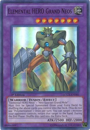 A Super Rare "Elemental Hero Grand Neos" card from the Yugioh Set: Legendary Collection 2 (LCGX).
