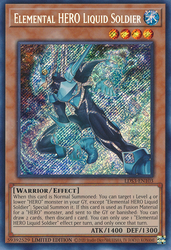 A Secret Rare "Elemental Hero Liquid Soldier" card from the Yugioh Set: Legendary Duelists: Season 3 (LDS3).
