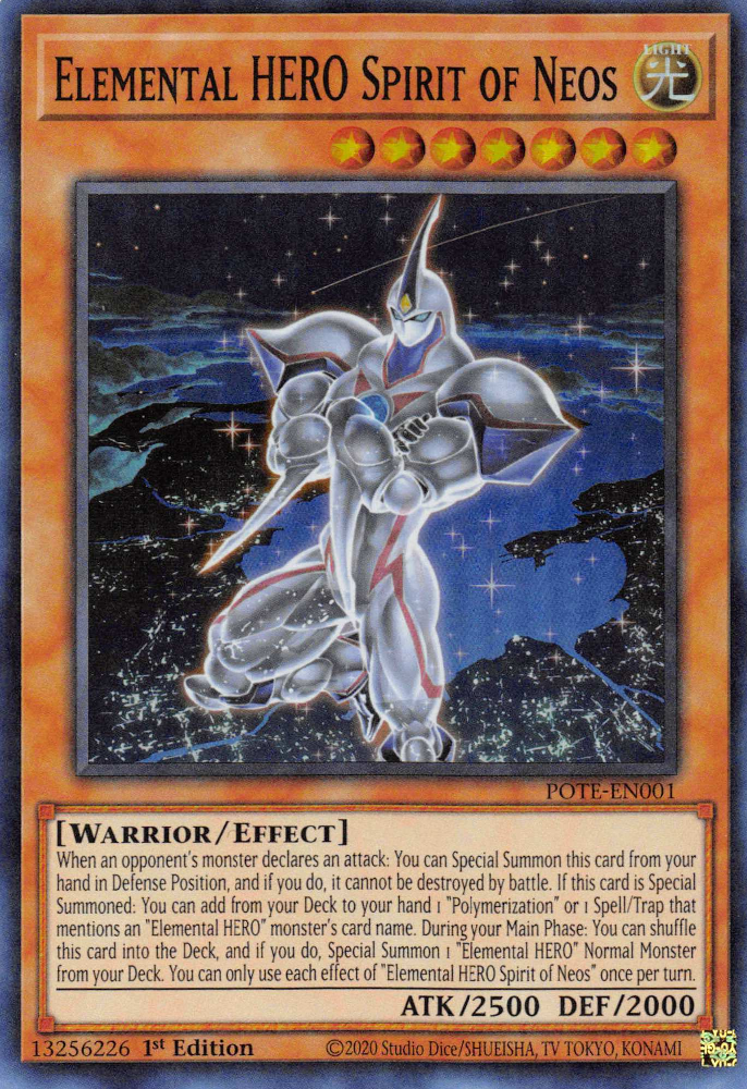 A Super Rare "Elemental Hero Spirit of Neos" card from the Yugioh Set: Power of the Elements (POTE).
