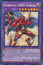A Secret Rare "Elemental Hero Sunrise" card from the Yugioh Set: Legendary Duelists: Season 3 (LDS3).