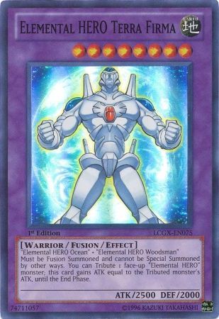 A Super Rare "Elemental Hero Terra Firma" card from the Yugioh Set: Legendary Collection 2 (LCGX).