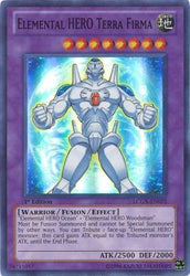 A Super Rare "Elemental Hero Terra Firma" card from the Yugioh Set: Legendary Collection 2 (LCGX).