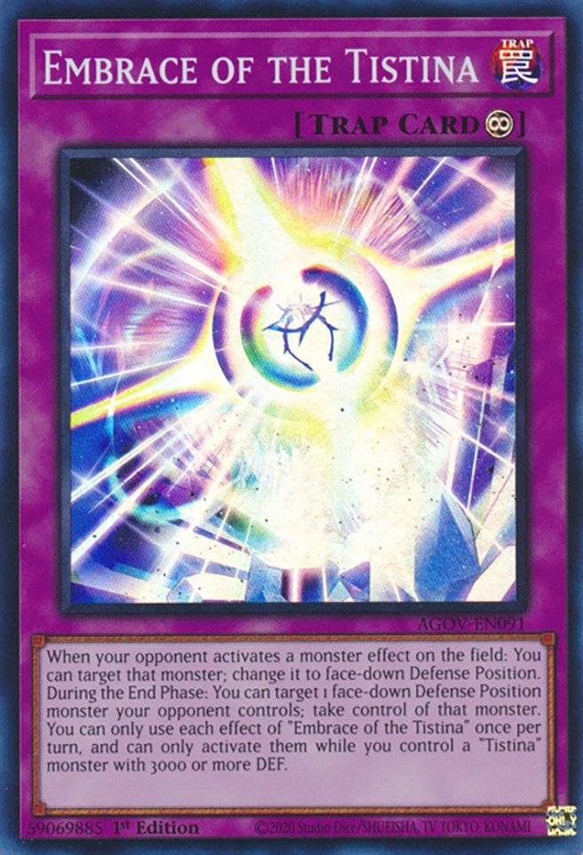 A Super Rare "Embrace of the Tistina" card from the Yugioh Set: Age of Overlord.
