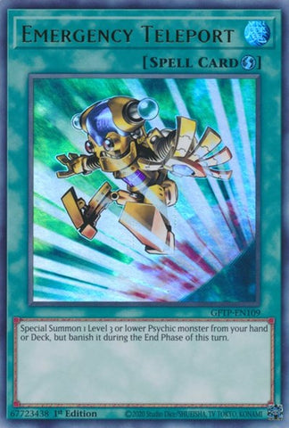 An Ultra Rare "Emergency Teleport" card from the Yugioh Set: Ghosts From the Past.