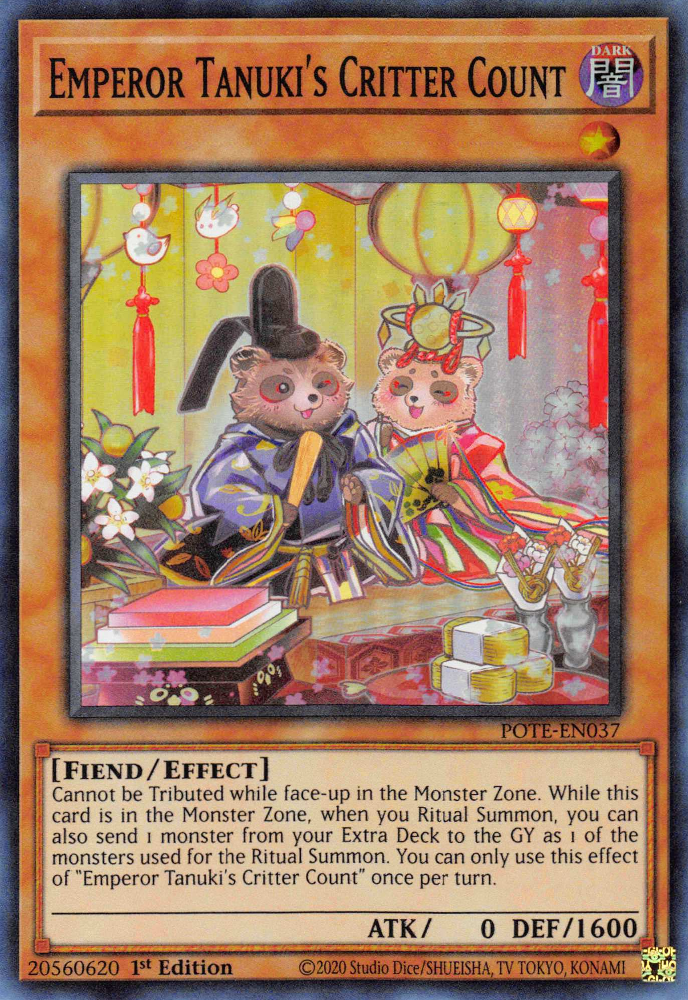 A Super Rare "Emperor Tanuki's Critter Count" card from the Yugioh Set: Power of the Elements (POTE).