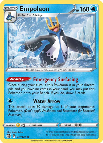 An Uncommon "Empoleon" (037/172) card from the Pokemon Set: Brilliant Stars.