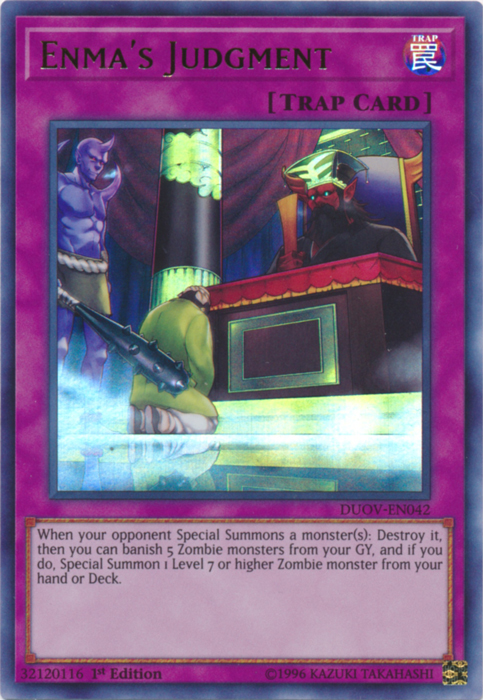 An Ultra Rare "Enma's Judgment" card from the Yugioh Set: Duel Overload.