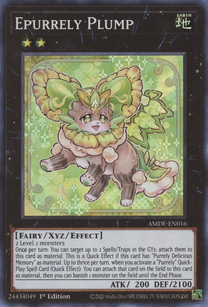 A Super Rare "Epurrely Plump" card from the Yugioh Set: Amazing Defenders (AMDE).