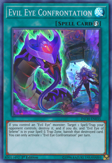  A Super Rare "Evil Eye Confrontation" card from the Yugioh Set: The Infinity Chasers.