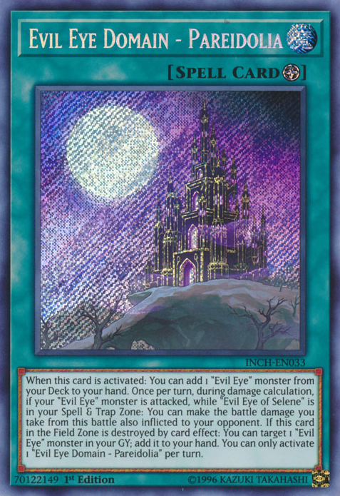  A Secret Rare "Evil Eye Domain - Pareidolia" card from the Yugioh Set: The Infinity Chasers (INCH).
