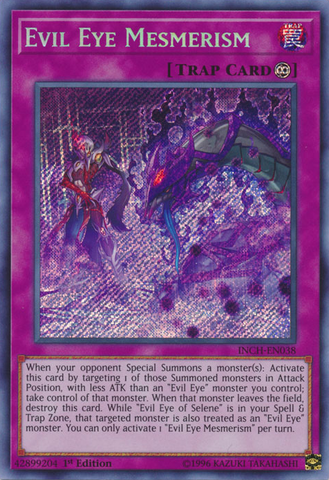  A Secret Rare "Evil Eye Mesmerism" card from the Yugioh Set: The Infinity Chasers.