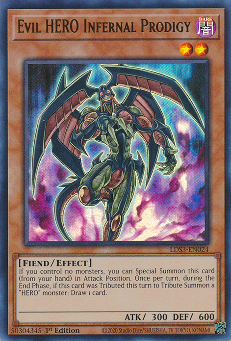 An Ultra Rare "Evil Hero Infernal Prodigy" card from the Yugioh Set: Legendary Duelists: Season 3 (LDS3).