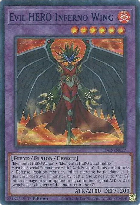 An Ultra Rare Blue "Evil Hero Inferno Wing" card from the Yugioh Set: Legendary Duelists: Season 3 (LDS3).