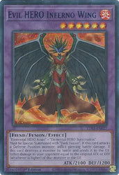 An Ultra Rare Blue "Evil Hero Inferno Wing" card from the Yugioh Set: Legendary Duelists: Season 3 (LDS3).