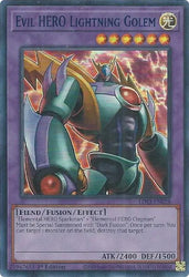 An Ultra Rare Blue "Evil Hero Lightning Golem" card from the Yugioh Set: Legendary Duelists: Season 3 (LDS3).