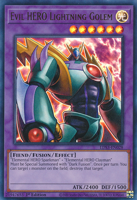 An Ultra Rare "Evil Hero Lightning Golem" card from the Yugioh Set: Legendary Duelists: Season 3 (LDS3).
