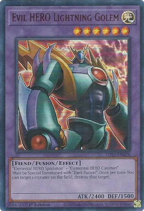 An Ultra Rare Red "Evil Hero Lightning Golem" card from the Yugioh Set: Legendary Duelists: Season 3 (LDS3).