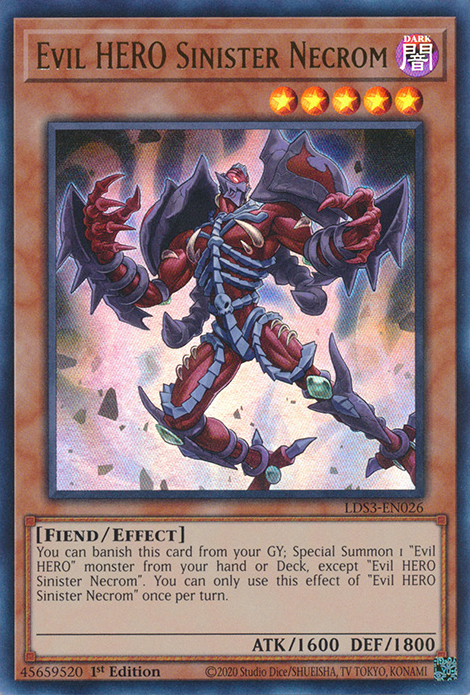 An Ultra Rare "Evil Hero Sinister Necrom" card from the Yugioh Set: Legendary Duelists: Season 3 (LDS3).