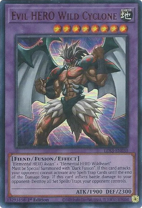 An Ultra Rare "Evil Hero Wild Cyclone - Red" card from the Yugioh Set: Legendary Duelists: Season 3 (LDS3).