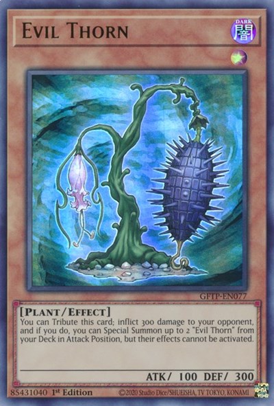 An Ultra Rare "Evil Thorn" card from the Yugioh Set: Ghosts From the Past (GFTP).