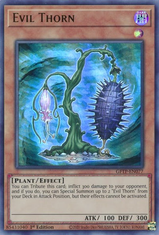 An Ultra Rare "Evil Thorn" card from the Yugioh Set: Ghosts From the Past (GFTP).