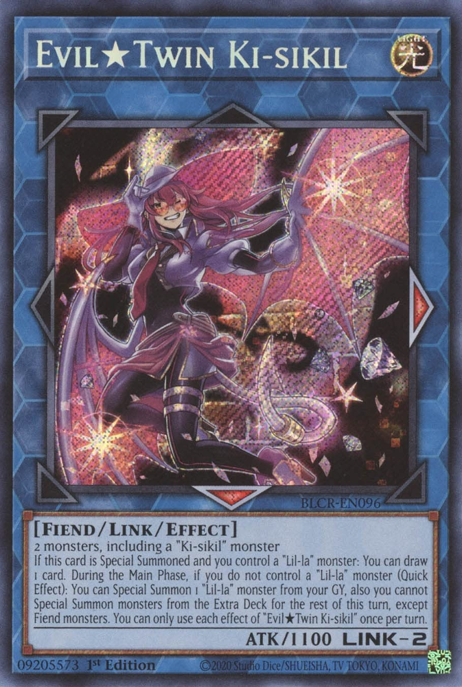 A Secret Rare "Evil Twin Ki-Sikil" card from the Yugioh Set: Battles of Legend: Crystal Revenge.
