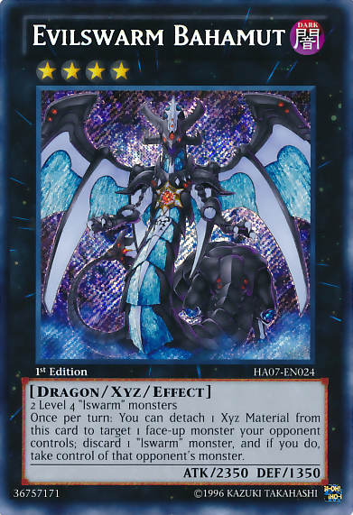A Secret Rare "Evilswarm Bahamut" card from the Yugioh Set: Hidden Arsenal 7: Knight of Stars (HA07).