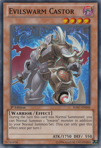 A Super Rare "Evilswarm Castor" card from the Yugioh Set: Hidden Arsenal 7: Knight of Stars (HA07).