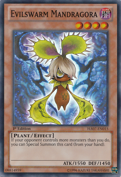 A Super Rare "Evilswarm Mandragora" card from the Yugioh Set: Hidden Arsenal 7: Knight of Stars (HA07).