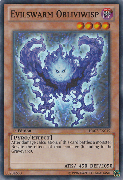 A Super Rare "Evilswarm Obliviwisp" card from the Yugioh Set: Hidden Arsenal 7: Knight of Stars (HA07).