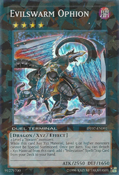 A Duel Terminal Super Rare "Evilswarm Ophion" card from the Yugioh Set: Duel Terminal 7.