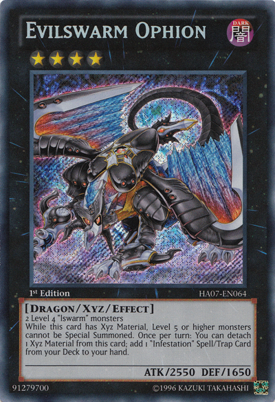 A Secret Rare "Evilswarm Ophion" card from the Yugioh Set: Hidden Arsenal 7: Knight of Stars (HA07).