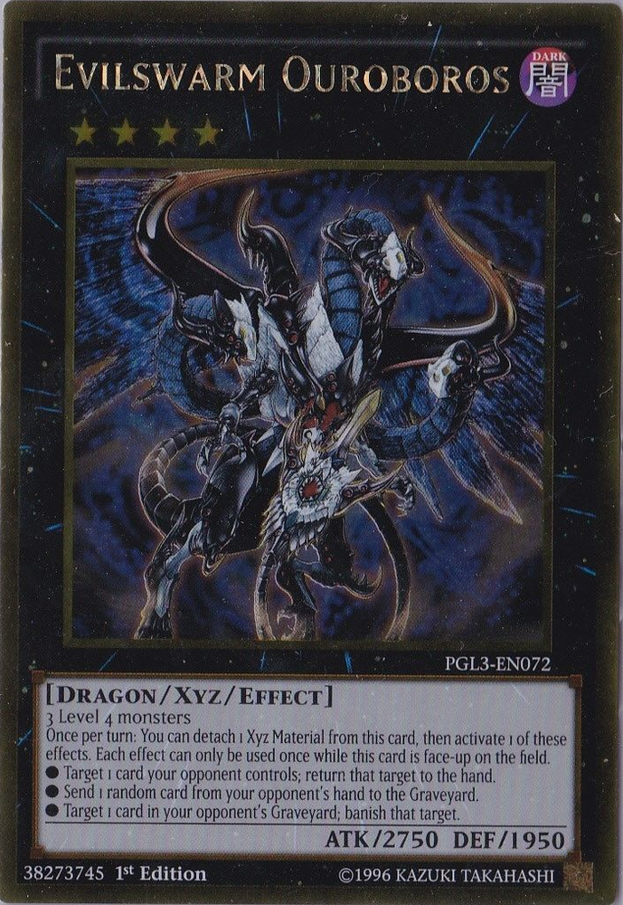 A Gold Rare "Evilswarm Ouroboros" card from the Yugioh Set: Premium Gold: Infinite Gold (PGL3).