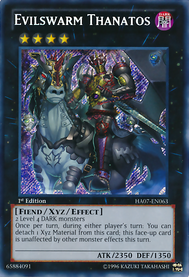 A Secret Rare "Evilswarm Thanatos" card from the Yugioh Set: Hidden Arsenal 7: Knight of Stars (HA07).
