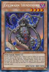 A Secret Rare "Evilswarm Thunderbird" card from the Yugioh Set: Hidden Arsenal 7: Knight of Stars (HA07).