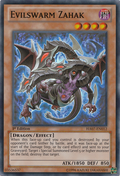 A Super Rare "Evilswarm Zahak" card from the Yugioh Set: Hidden Arsenal 7: Knight of Stars (HA07).