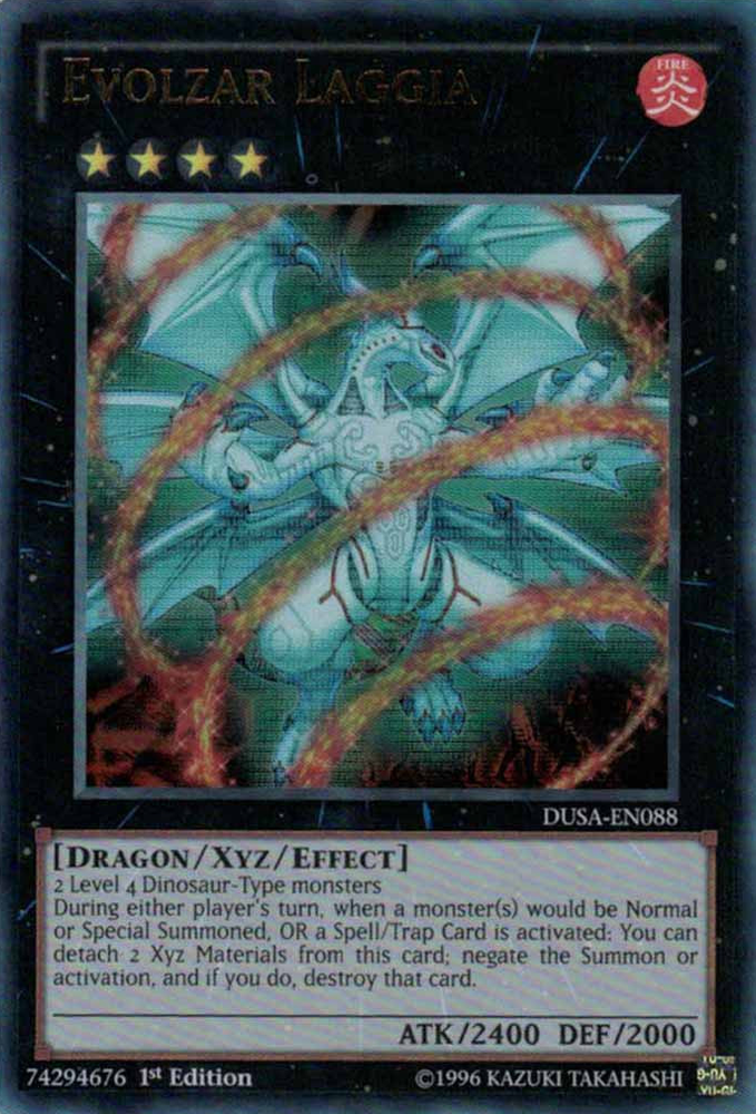 An Ultra Rare "Evolzar Laggia" card from the Yugioh Set: Duelist Saga (DUSA).