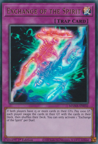 An Ultra Rare "Exchange of the Spirit" card from the Yugioh Set: Magnificent Mavens (MAMA).