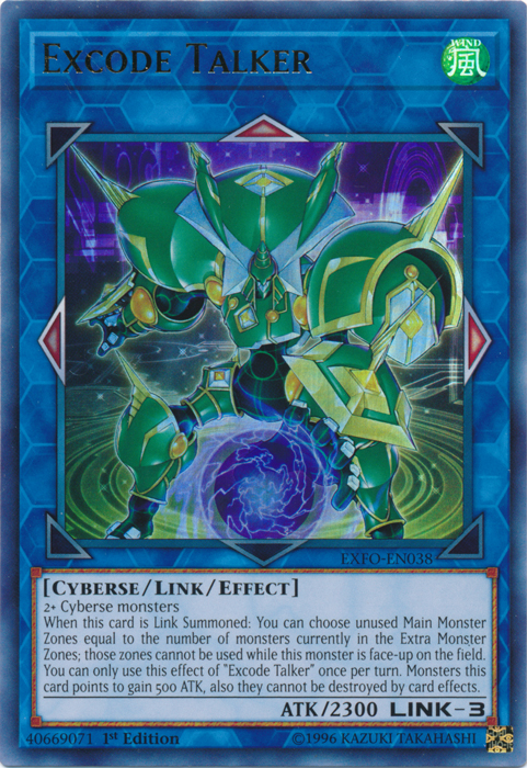 An Ultra Rare "Excode Talker" card from the Yugioh Set: Extreme Force.